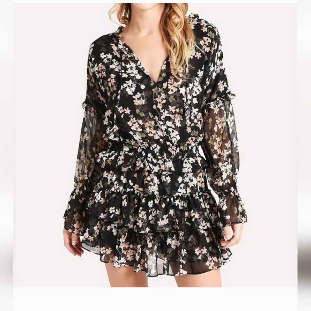 *SOLD*MISA LOS ANGELES LOLITA TIERED DRESS RESORT FLORAL PRINT MINI DRESS BLACK